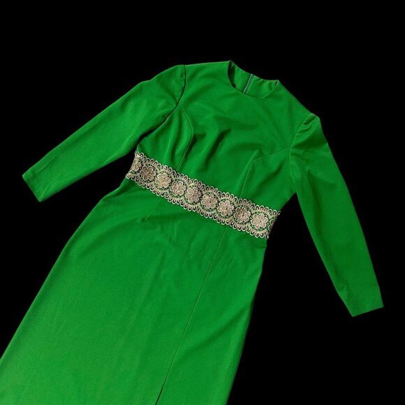 Vintage Green Dress Henry Lee Gold Lace Trim Size 16 Polyester 1960s Gown Glam - Picture 1 of 10